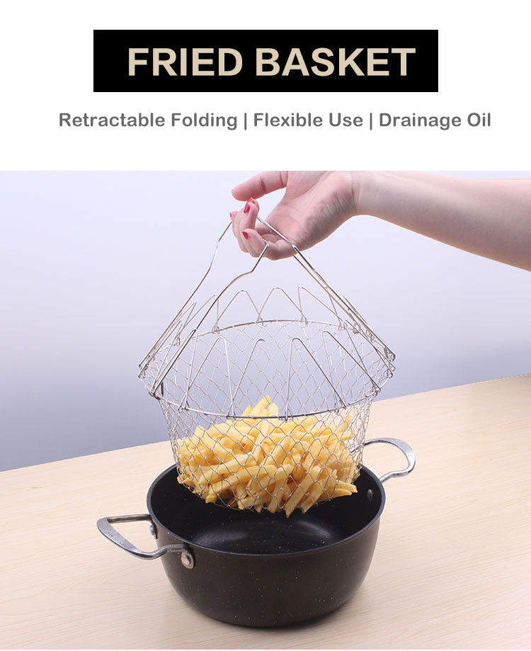 Foldable Fry Basket,Casewin Multi-Function Stainless Steel Fry  Basket,Poaching Boiling Deep Frying Basket,Fruit Vegetable Rinsing Washing  Cook Tool 
