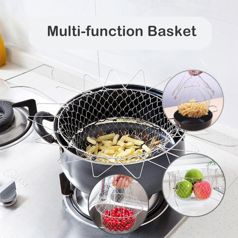 SUL Stainless Steel Foldable Fry Basket – Adjustable Colander With Handles, Silver, For Kitchen/Fryer (Model SULCB12)